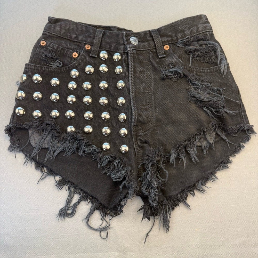 Vintage Levi's Cut Off Black Denim Shorts Silver Studded Distressed Size 24